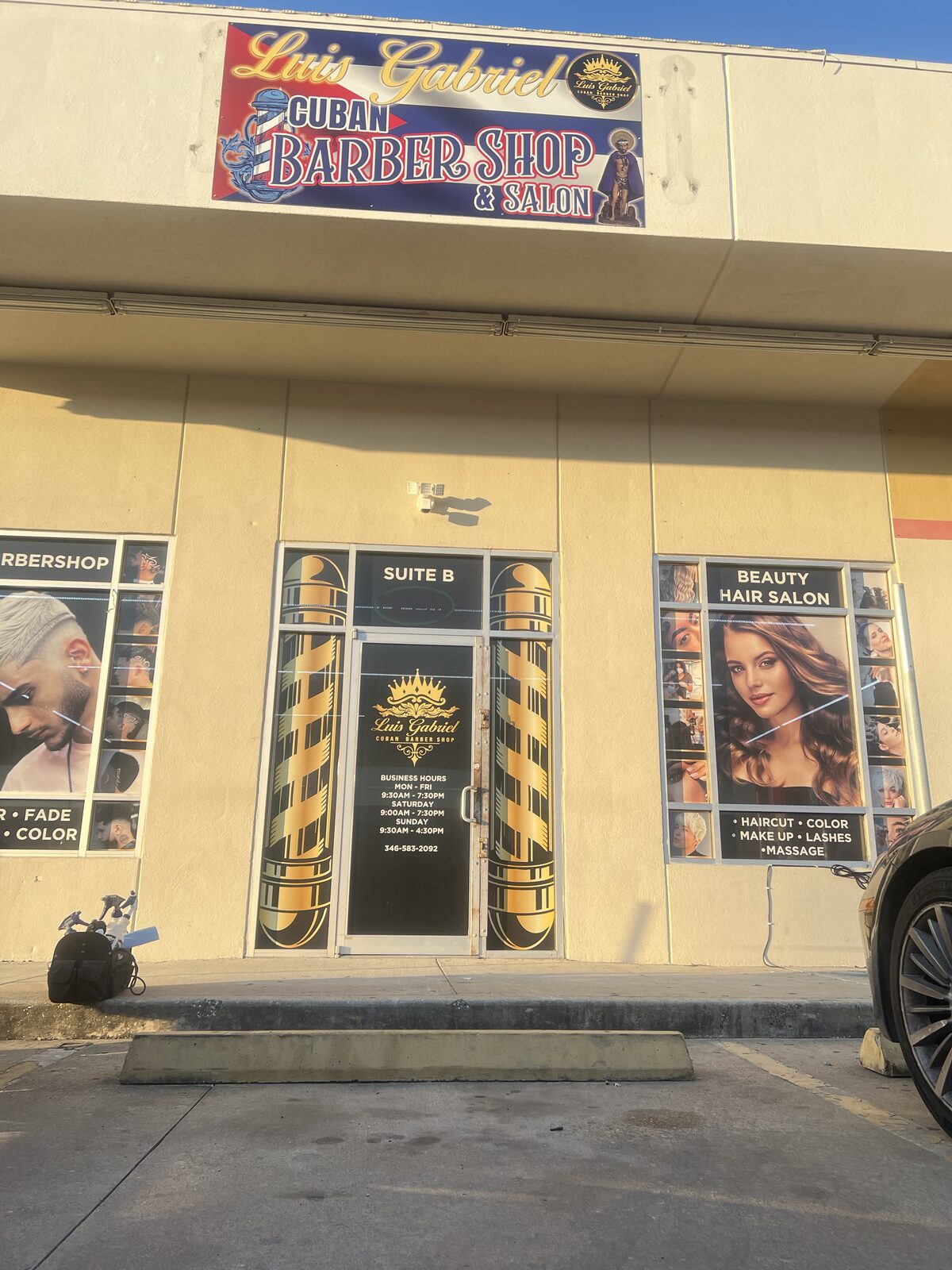 Luis Gabriel Cuban Barber Shop & Salon storefront sign and window graphics, Houston, TX