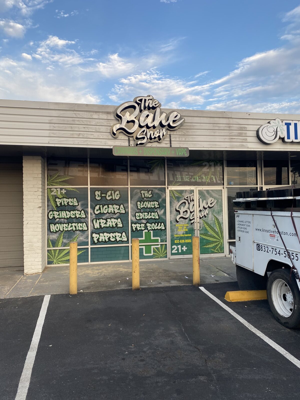 The Bake Shop storefront sign and window graphics, Houston, TX